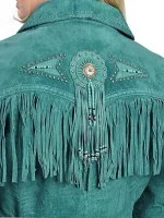 Womens Stylish Suede Fringe Jacket back green