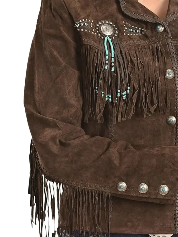 Womens Stylish Suede Fringe Jacket side pose