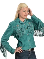 Womens Stylish Suede Fringe Jacket green