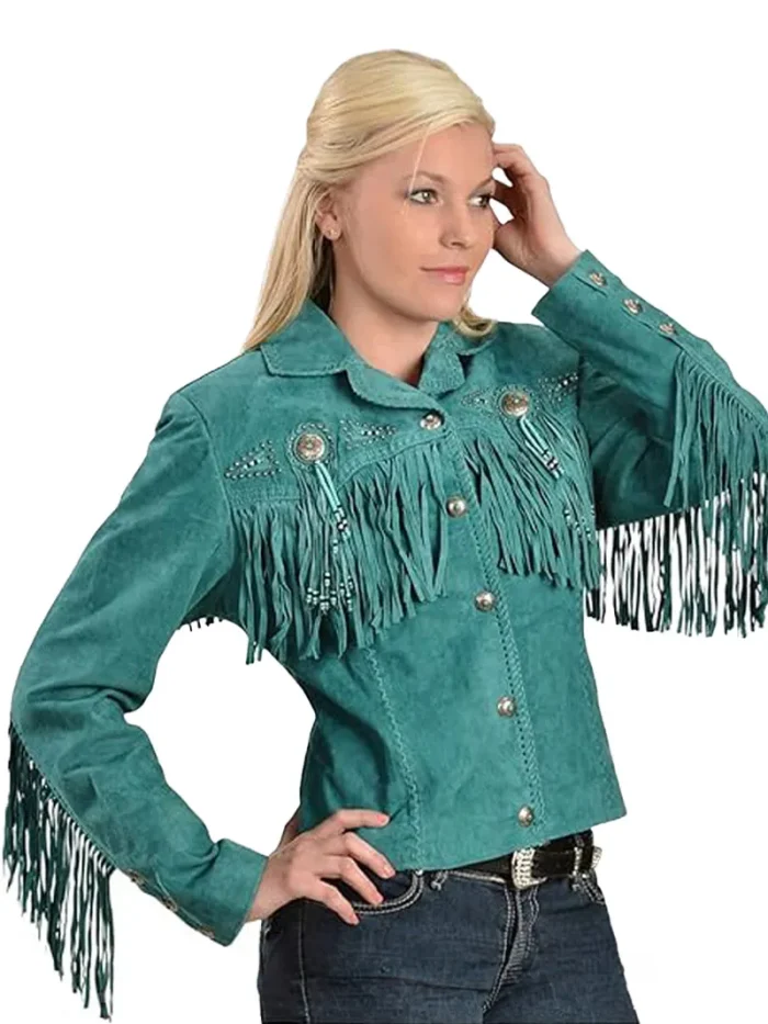 Womens Stylish Suede Fringe Jacket green