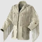 Men 1980's Rockabilly White Suede Fringes Jacket With Beads & Bones