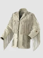 Men 1980's Rockabilly White Suede Fringes Jacket With Beads & Bones