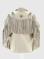 Men 1980's Rockabilly White Suede Fringes Jacket With Beads & Bones - Image 2