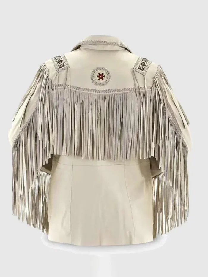 Men 1980's Rockabilly White Suede Fringes Jacket With Beads & Bones - Image 2