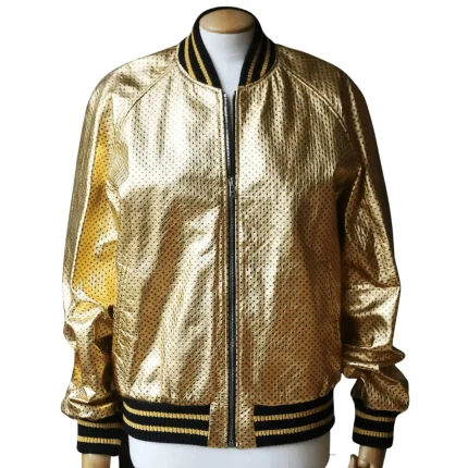 Mens Gold Metallic Bomber Jacket with Mesh Dot Design