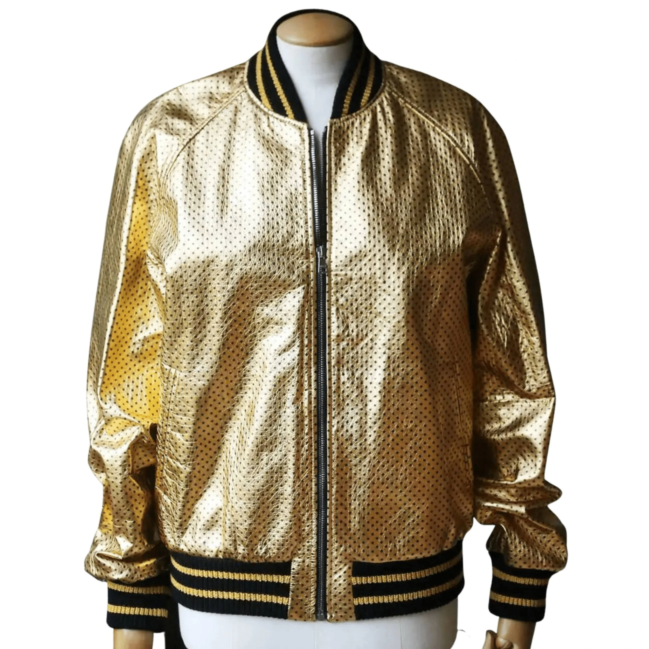 Men Gold Bomber Jacket with Mesh Dots Mens Gold Metallic Bomber Jacket with Mesh Dot Design