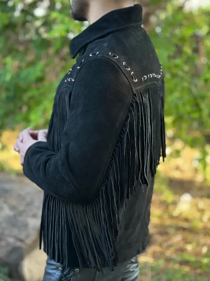 Men's Western Style Suede Leather Fringe Jacket - Image 2