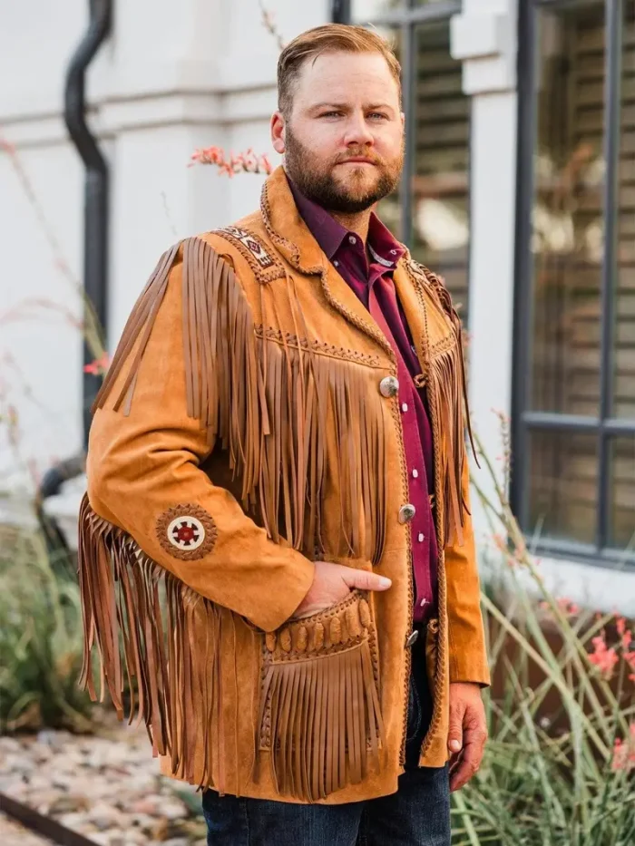 Mens Traditional Cowboy Western Leather Jacket Coat with Fringe - Image 3