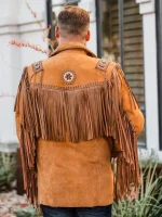 Mens Traditional Cowboy Western Leather Jacket Coat with Fringe - Image 2