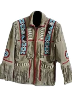 Men's Western Eagle Beads Design With Fringes & Bones Jacket Suede