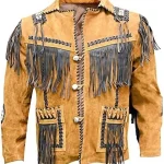 Mens Western Quad Cowboy Leather Jacket With Fringe