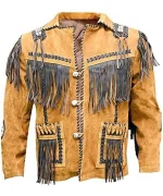 Mens Western Quad Cowboy Leather Jacket With Fringe