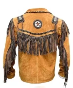 Mens Western Quad Cowboy Leather Jacket With Fringe back side