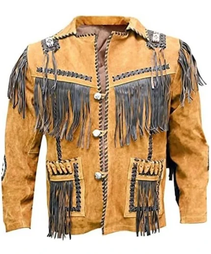 Mens Western Quad Cowboy Leather Jacket With Fringe