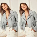 Women Suede Fringe Jacket - Grey
