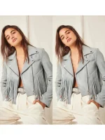 Women Suede Fringe Jacket - Grey