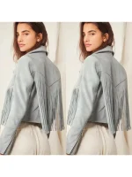 Women Suede Fringe Jacket - Grey - Image 2