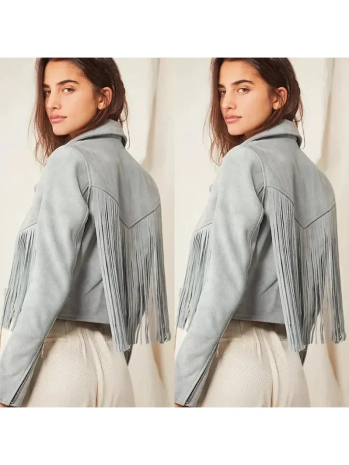 Women Suede Fringe Jacket - Grey - Image 2
