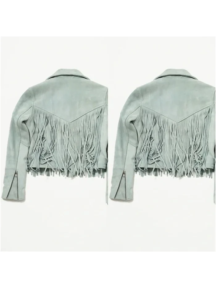 Women Suede Fringe Jacket - Grey - Image 3