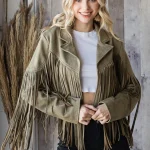 Olive Green Suede Fringe Jacket For Women