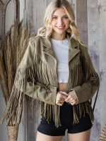 Olive Green Suede Fringe Jacket For Women