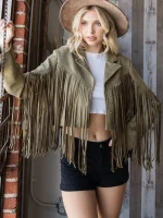 Olive Green Suede Fringe Jacket For Women - Image 3