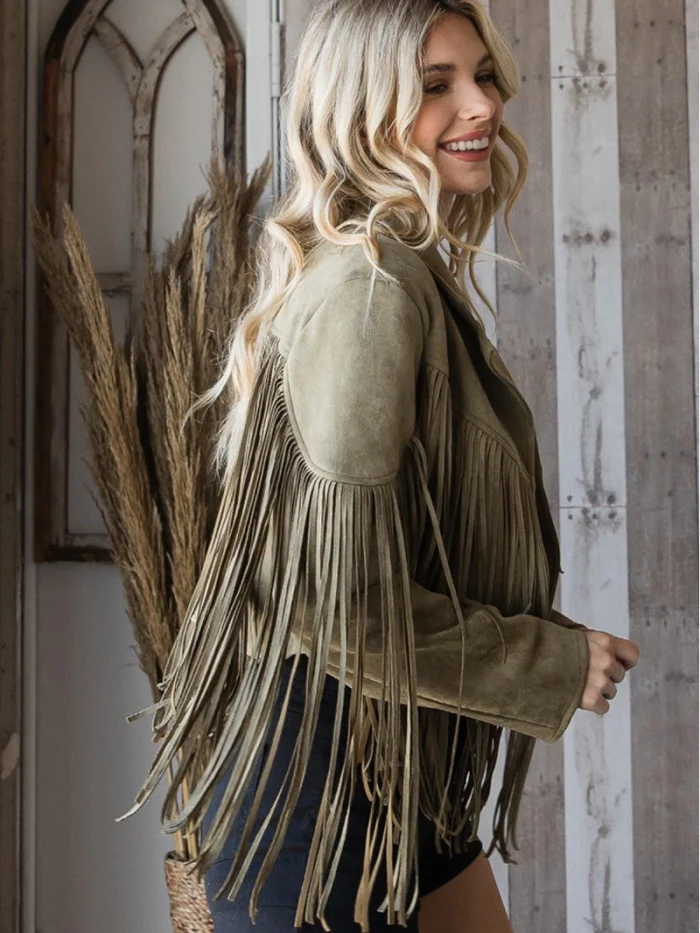 Olive Green Suede Fringe Jacket For Women - Image 2