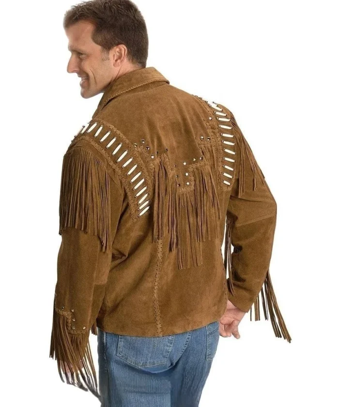 Rich Personality Cowboy Western Style Leather Jacket with Fringe back
