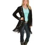Scully Women's Embroidered Fringe Long Suede Leather Jacket