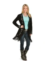 Scully Women's Embroidered Fringe Long Suede Leather Jacket