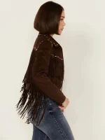 Women's Suede Leather Contrast Stitch Fringe Jacket - Image 4