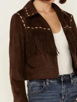 Women's Suede Leather Contrast Stitch Fringe Jacket - Image 3