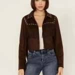 Women's Suede Leather Contrast Stitch Fringe Jacket