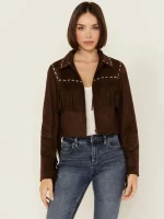 Women's Suede Leather Contrast Stitch Fringe Jacket