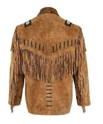 Western Cowboy Brown Leather Jacket with Fringes back side