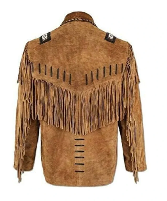 Western Cowboy Brown Leather Jacket with Fringes back side