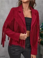 Western Suede Fringe Leather Jacket - Burgundy - Image 5
