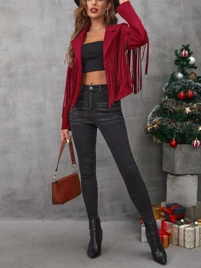 Western Suede Fringe Leather Jacket - Burgundy - Image 4