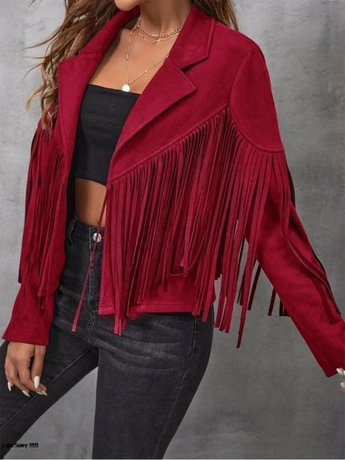 Western Suede Fringe Leather Jacket - Burgundy - Image 3