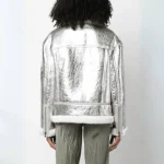 Women Silver Leather Jacket back