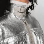 Women Silver Leather Jacket neck