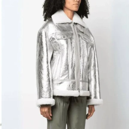 Women Silver Leather Jacket