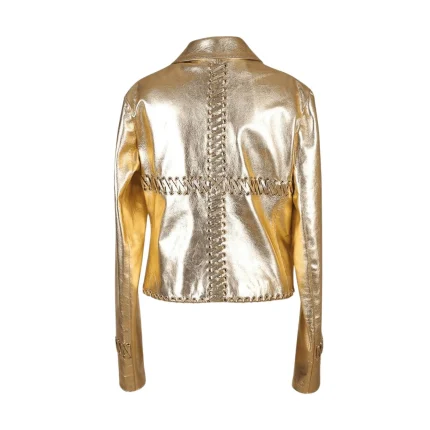 Womens Gold Cropped Leather Jacket back