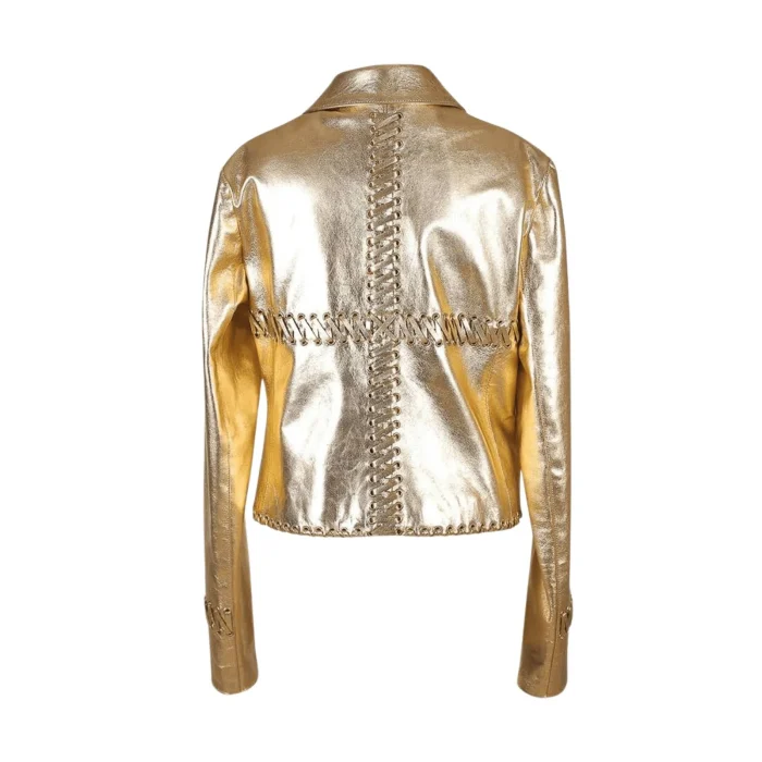 Womens Gold Cropped Leather Jacket back