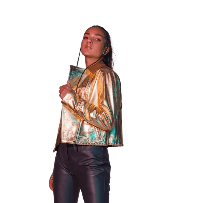 Womens Gold Cropped Leather Jacket 22