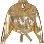 Womens Gold Metallic Leather Belted Cropped Jacket
