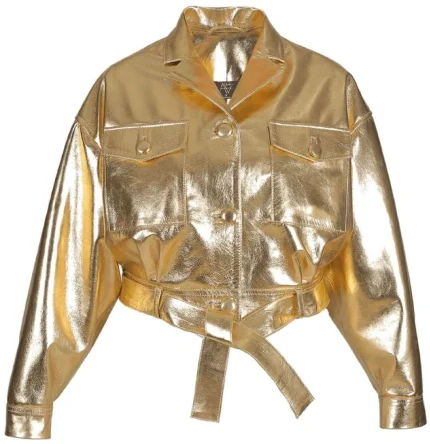 Womens Gold Metallic Leather Belted Cropped Jacket