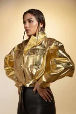 Womens Gold Metallic Leather Belted Cropped Jacket women wearing