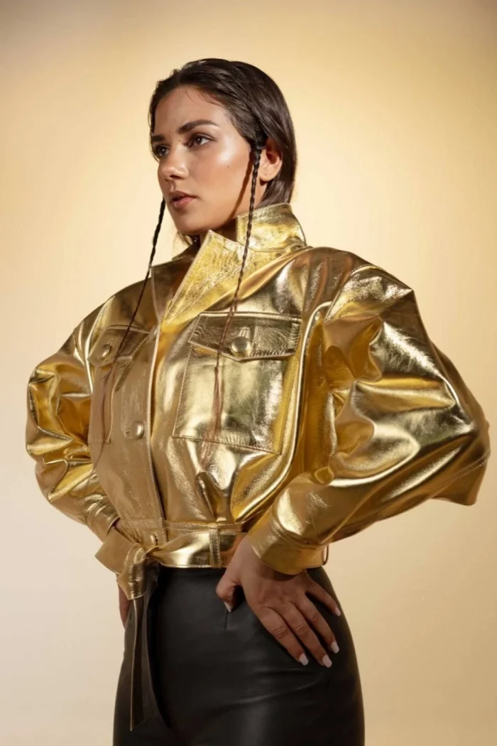Womens Gold Metallic Leather Belted Cropped Jacket women wearing