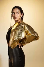 Womens Gold Metallic Leather Belted Cropped Jacket women wearing posing
